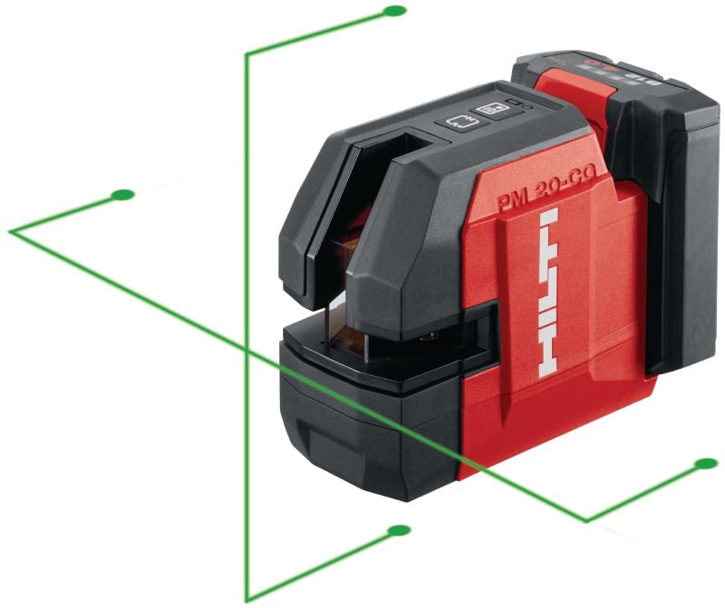 Križni linijski laser s viskom PM 20-CG 12 V Kombinirani laser sa zelenim snopom i 2 linije i 5 točaka za vodovodne instalacije, niveliranje, poravnavanje i kvadriranje (baterijska platforma od 12 V)